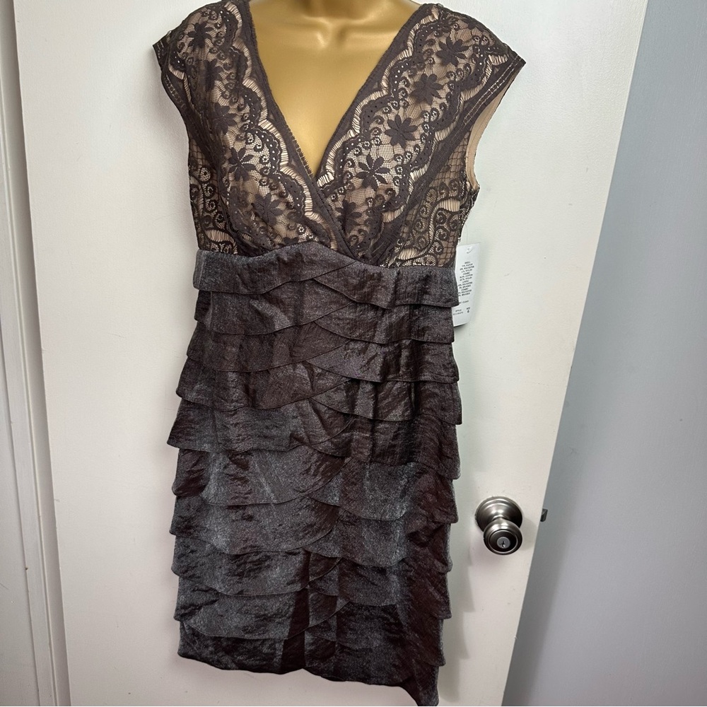 Adrianna Papell‎ Brown Embroidered Floral Overlay Top Shimmer Tiered Dress NWT 6
